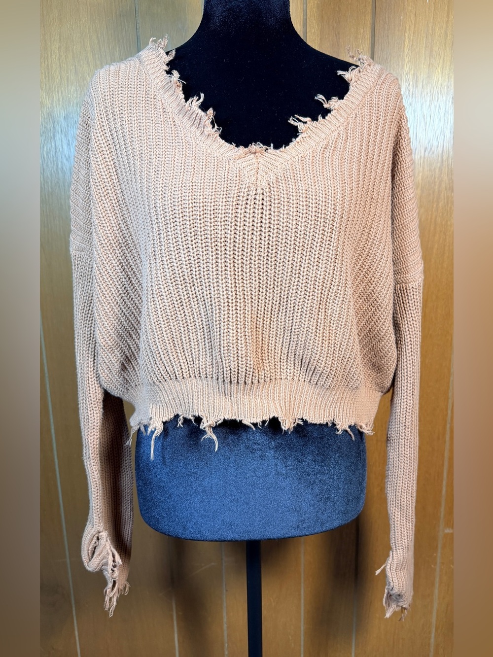 Title: Forever 21 Distressed V-Neck Cropped Sweater - Tan, Size M